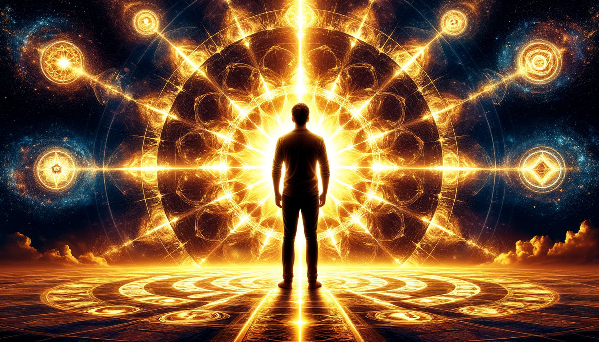 Величественный образ человека, стоящего в центре мандалы из осколков прошлых версий себя, где каждая частица начинает светиться и притягиваться к сияющему кристаллу сердца, создавая новую целостность, а с небес опускается золотой луч, в котором танцуют символы судьбы, складываясь в живую карту пути у ног обретшего себя существа.