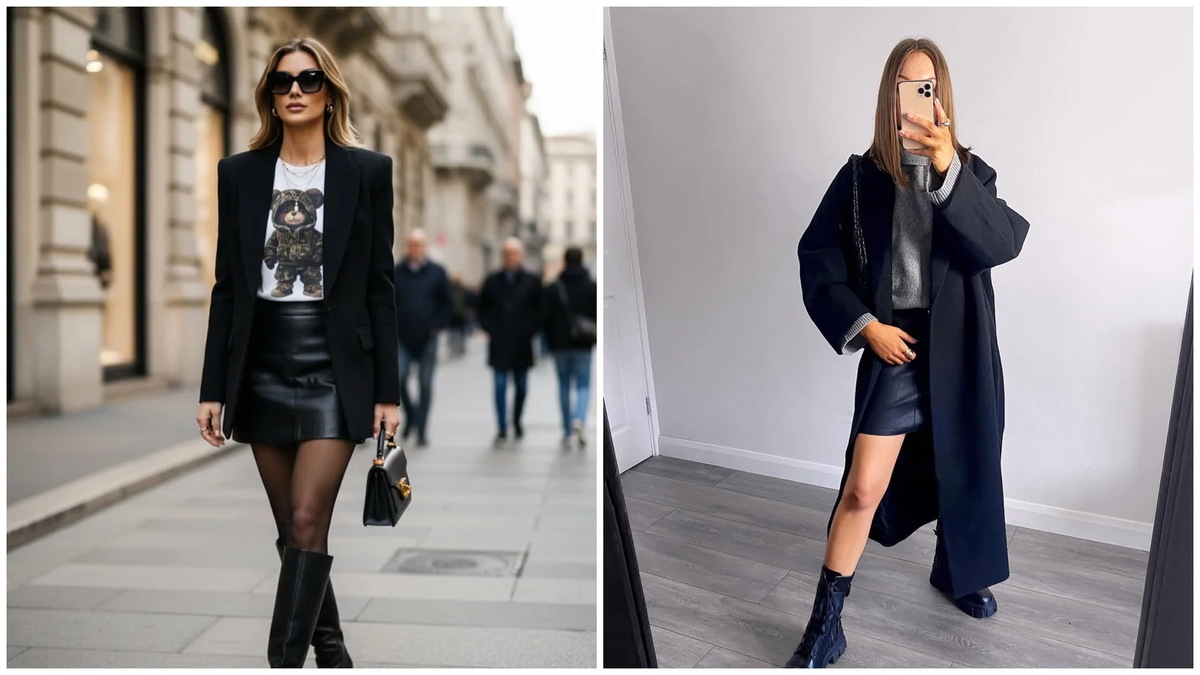 Матовая кожа и спокойные сочетания делают мини-юбку частью базового гардероба