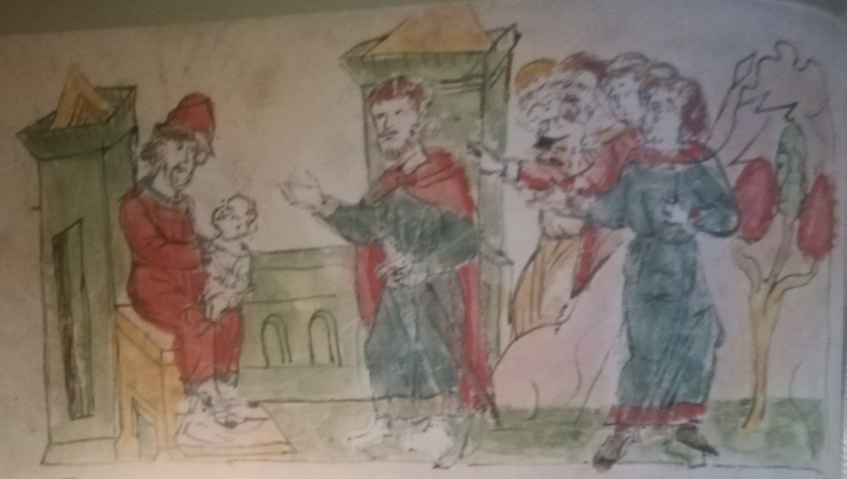 Передача Рюриком перед смерью княжения своему родственнику Оглегу и назначение его опекуном своего малолетнего сына Игоря. Миниатюра из Радзивиловской летописи.