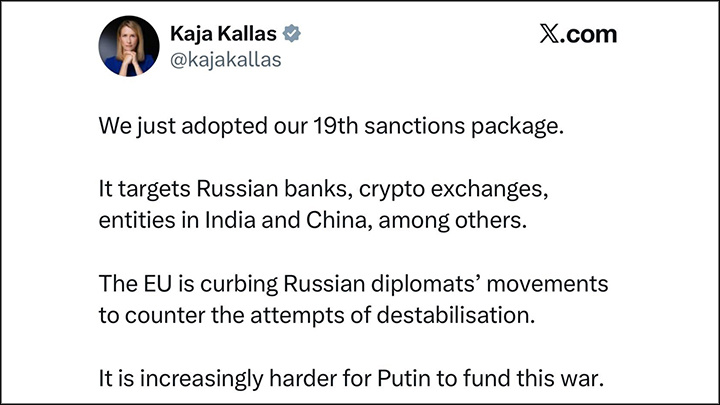    Евросоюз официально утвердил 19-й пакет санкций против России, объявила Кая Каллас. Скриншот: соцсеть Х