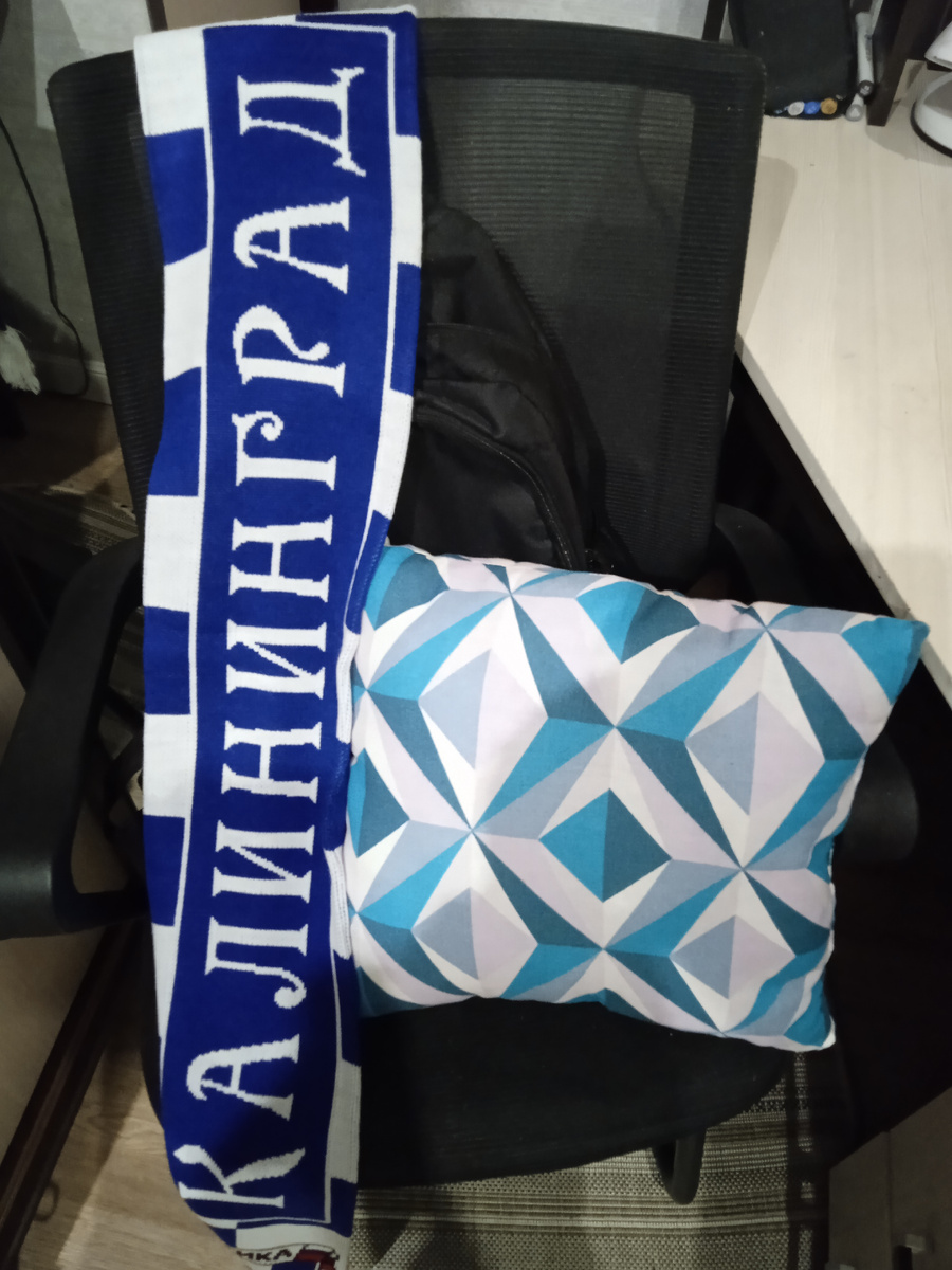Минимальный набор болельщика. Шарфик и подушка под пятую точку на пластиковое кресло (не понадобилась) 