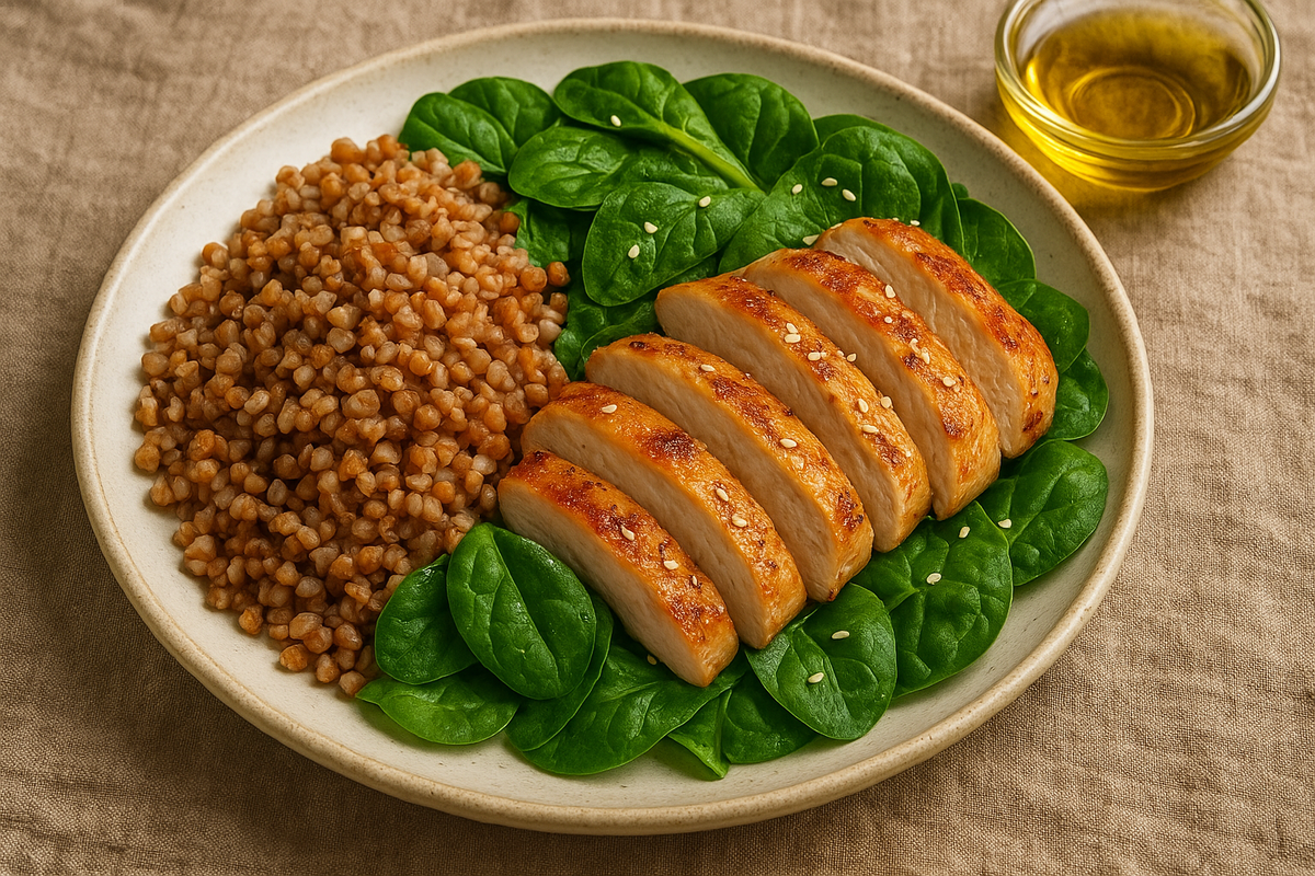 Тёплый салат с курицей и гречкой