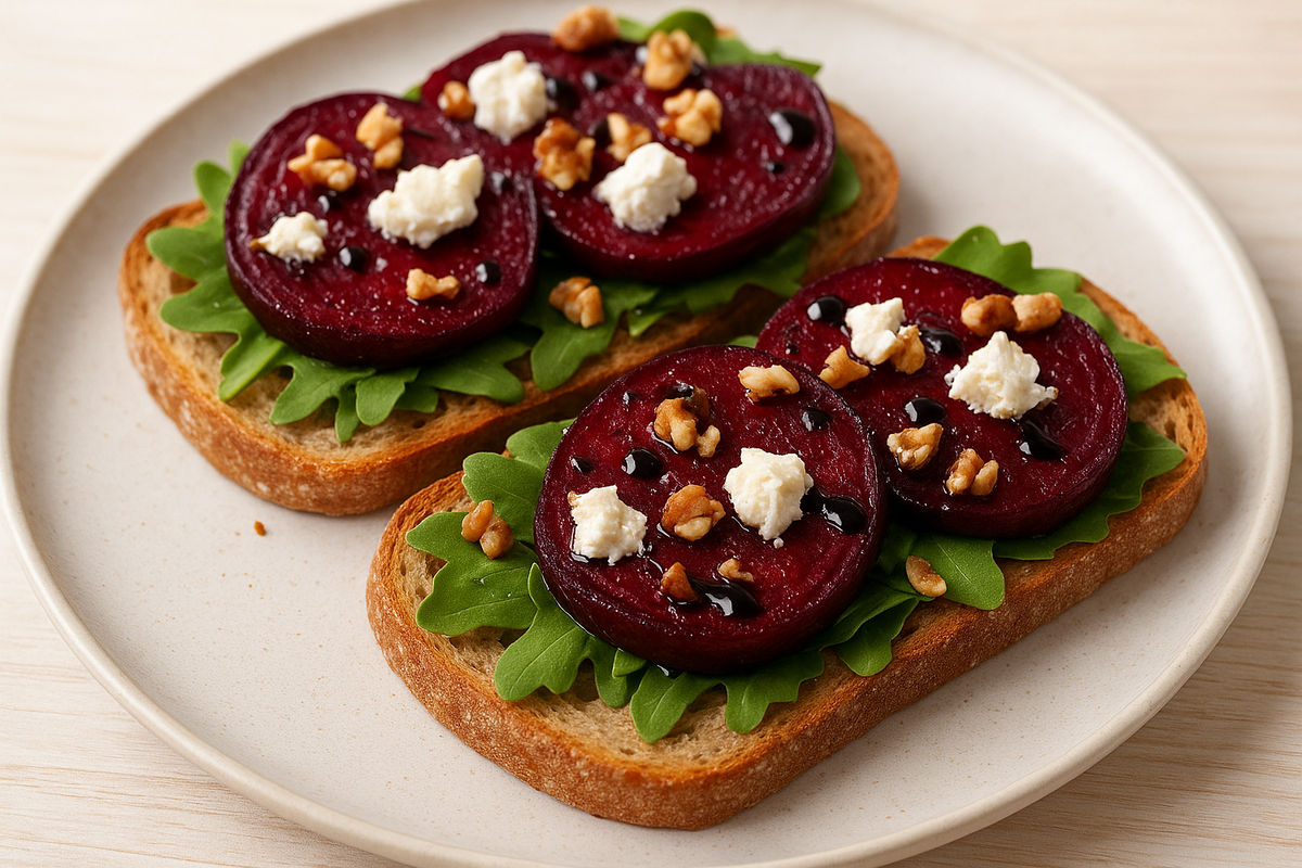 Тост с печёной свёклой и козьим сыром 