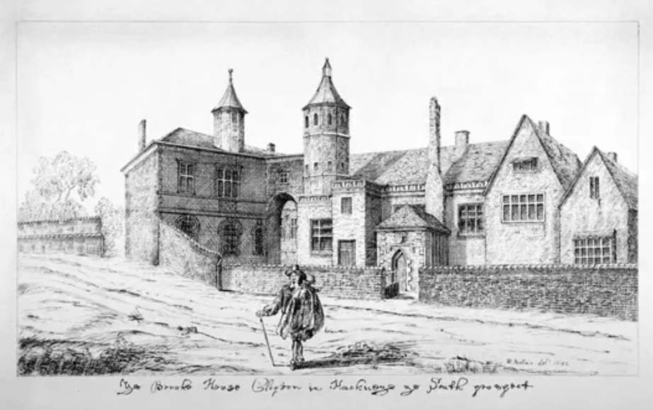 Брук Хаус, с северо-востока. У. Холлар. 1642. Из книги «Потерянный Хакни» Элизабет Робинсон, опубликованной The Hackney Society, 1989. 