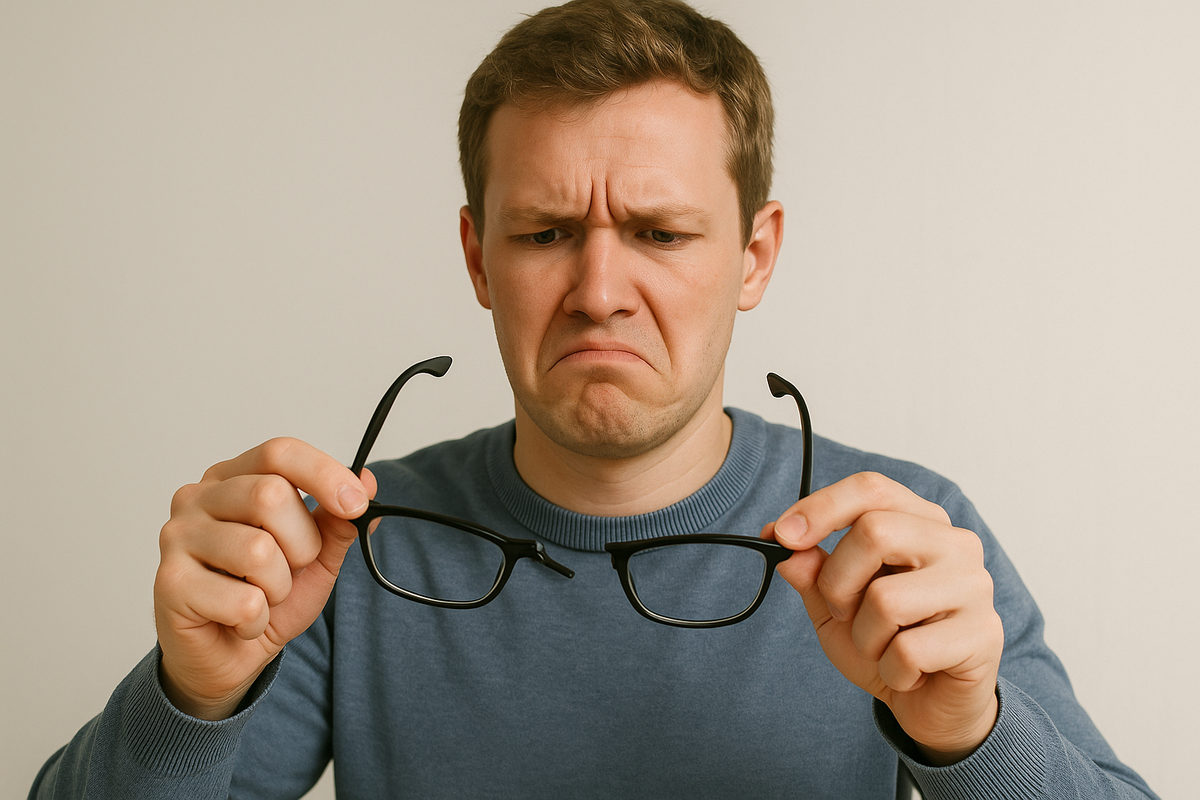 Человек со сломанными очками в руках.