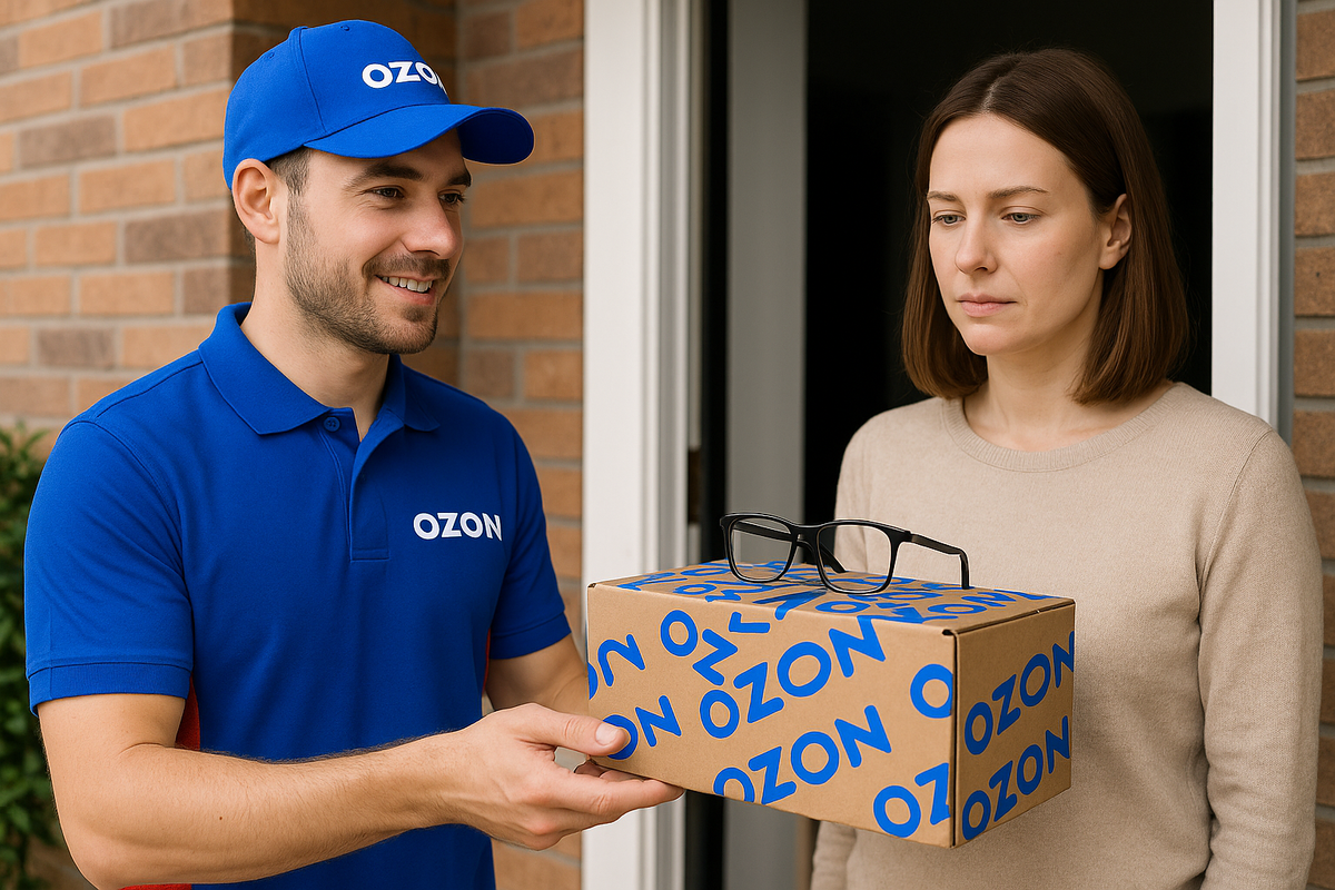 Мужчина курьер маркетплейса доставляет заказ на дом, доставляет очки заказчице женщине.