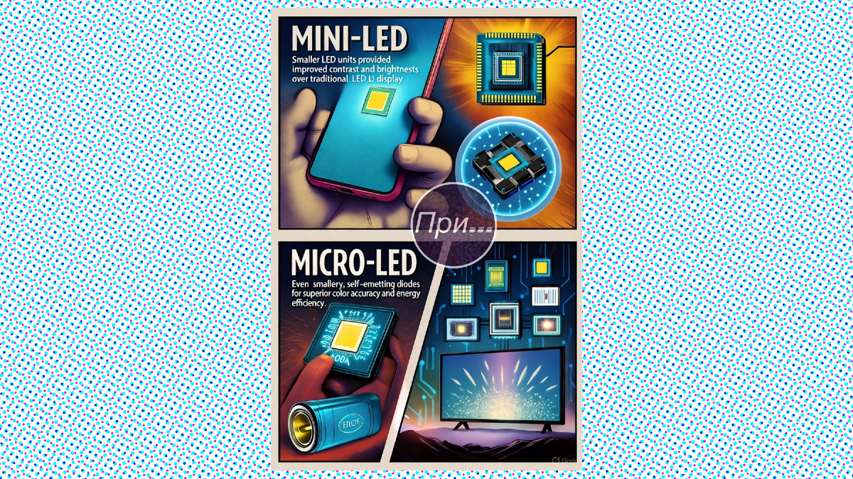 Титульная иллюстрация к статье Олега Лубски "Mini-LED и Micro-LED: Новые звёзды дисплеев или просто хайп?" | © авторы коллажа — Grok и Олег Лубски 2025