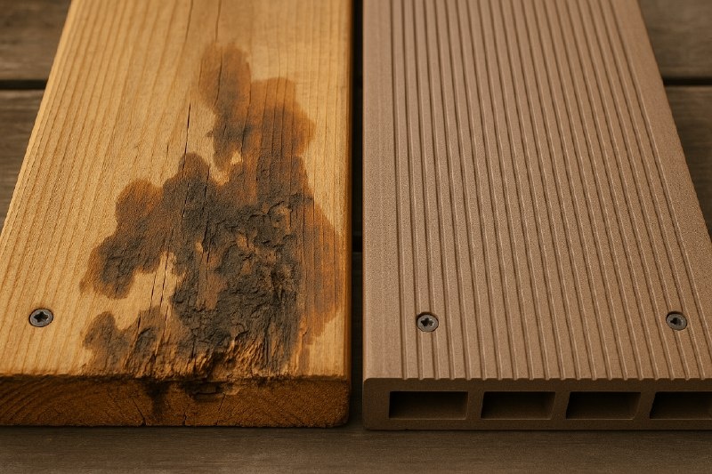 Фото обычной деревянной доски и повреждений от воздействия влаги, рядом — композитная доска без повреждений