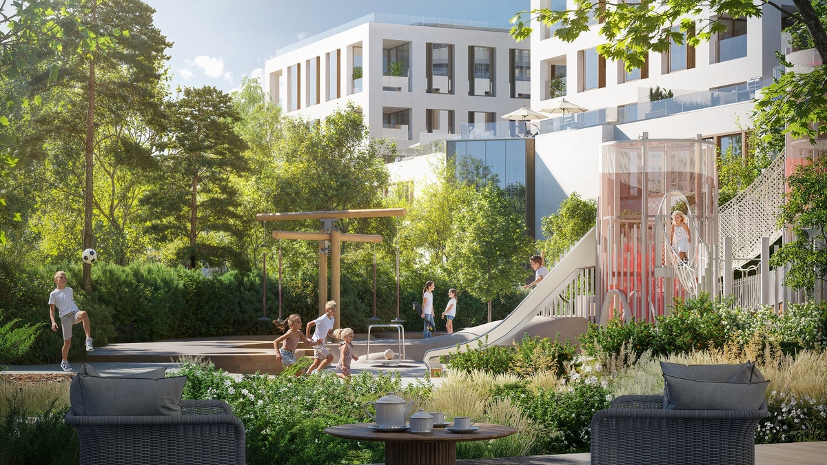 Детская площадка в парке клубного квартала «Фрунзенская набережная» исполнена в концепции сказочного леса