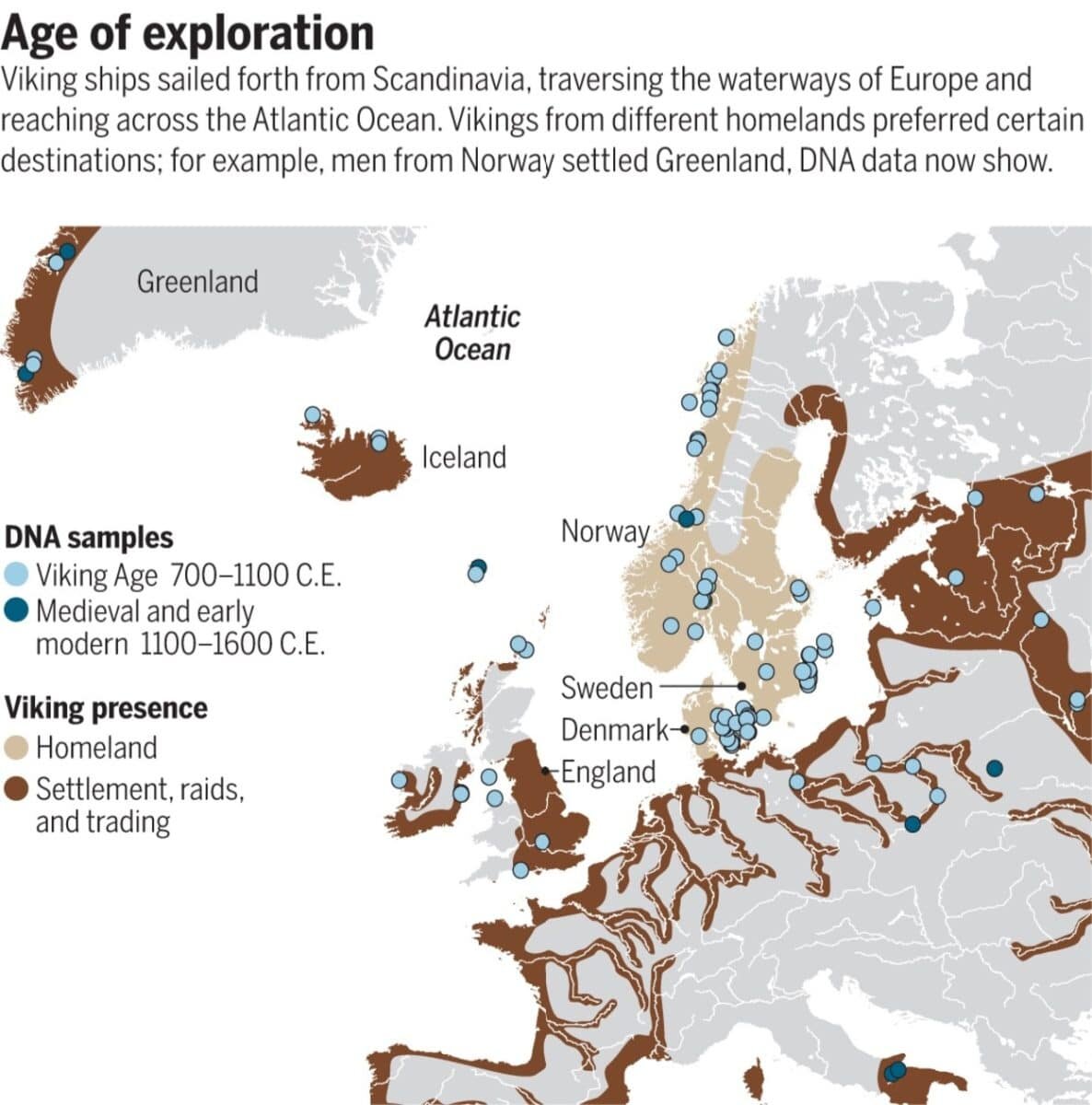    Инфографика: пути викингов и места, где собирали образцы их ДНК / © Nature