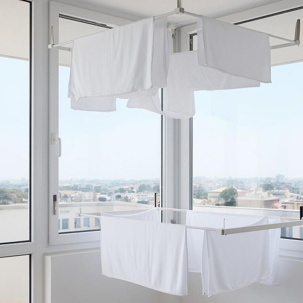«Лиана» в поднятом состоянии. Общий план балкона, где белье аккуратно поднято под потолок, не мешая передвижению и не загораживая свет. ⬆️