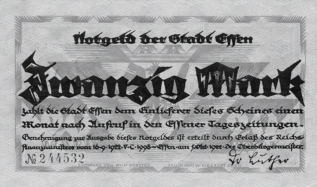 Нотгельд города Эссена номиналом в 20 марок от 5 октября 1922 года. На лицевой стороне - факсимильная подпись тогдашнего обербургомистра доктора Лютера.