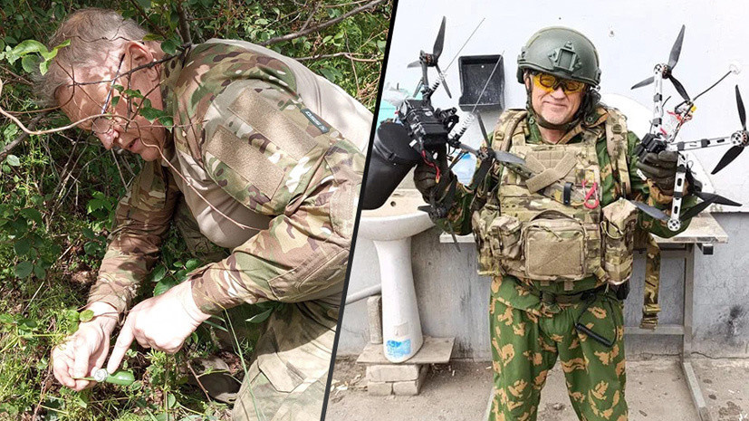     Дядя Женя с противопехотной миной «Лепесток», а так же с найденными в засаде вражескими БПЛА, начиненными боеприпасами различных типов  Из личного архива