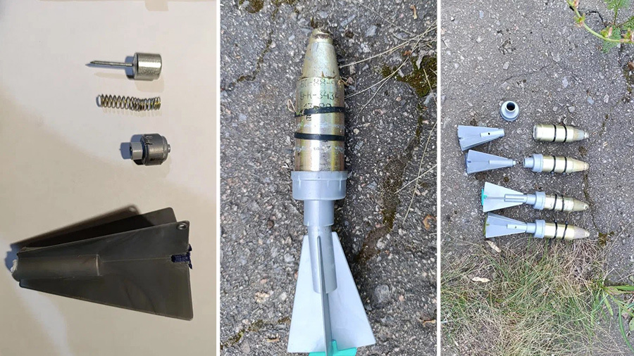     Составные части и целые образцы боеприпасов кассетного типа кустарного производства, сброшенных с БПЛА. / Из личного архива