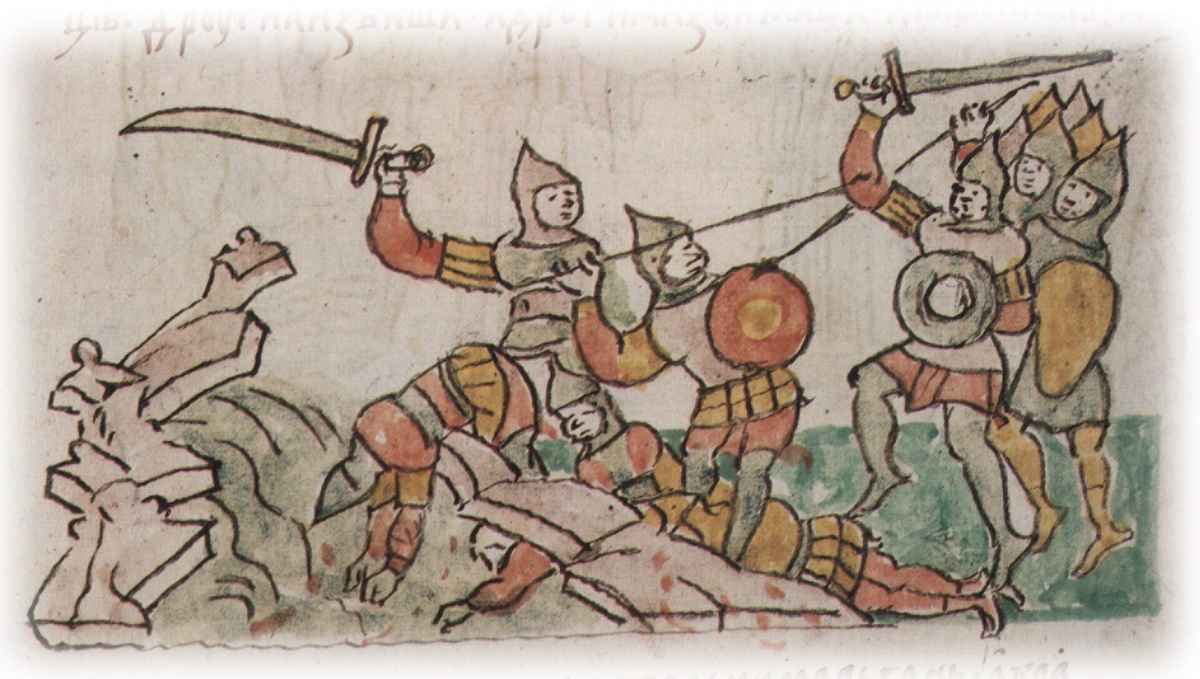 Стычка передовых отрядов Всеволода Юрьевича Владимирского и Романа Глебовича Рязанского на берегу Оки и поражение рязанцев. Миниатюра из Радзивиловской летописи