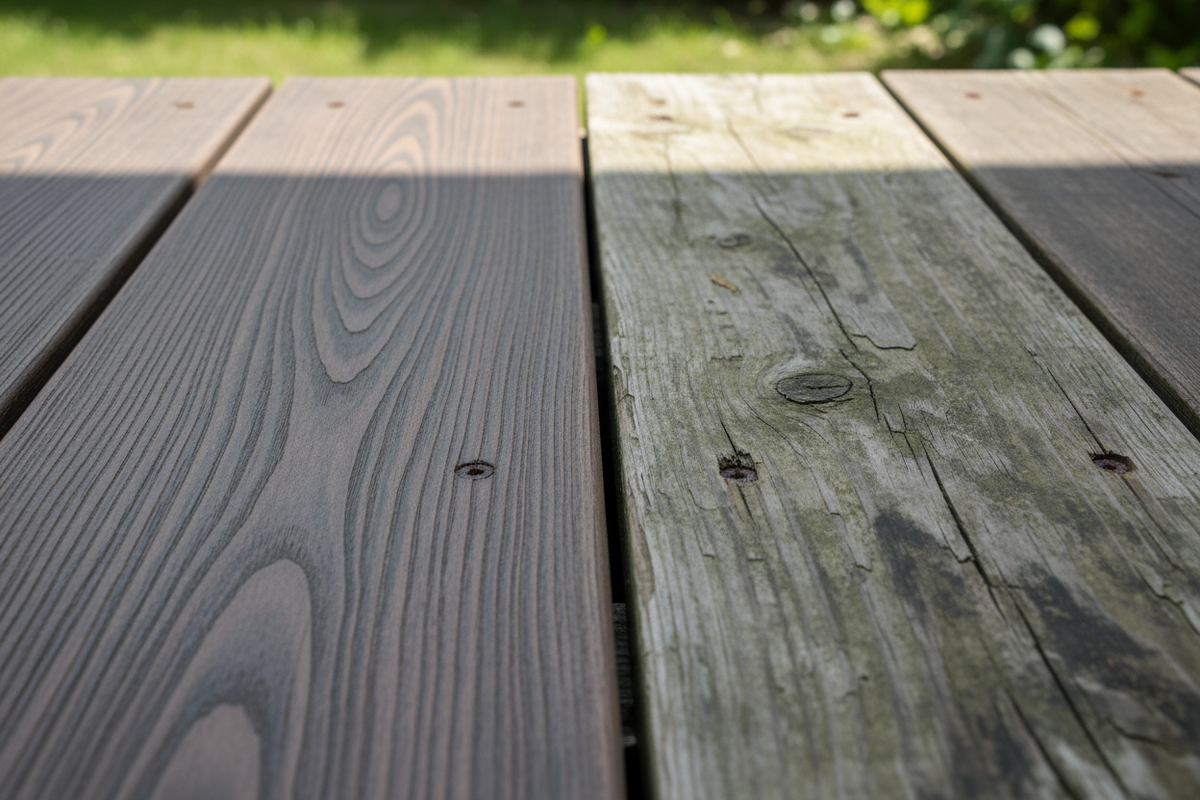 Изображение террасной доски ДПК с текстурой, напоминающей натуральное дерево, и сравнением с обычной деревянной доской, показывающей износ или повреждения