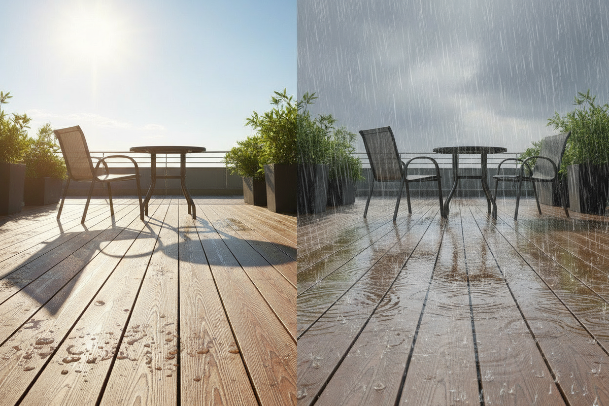 Изображение террасы, покрытой ДПК, на фоне дождливой и солнечной погоды, что демонстрирует её стойкость к внешним условиям