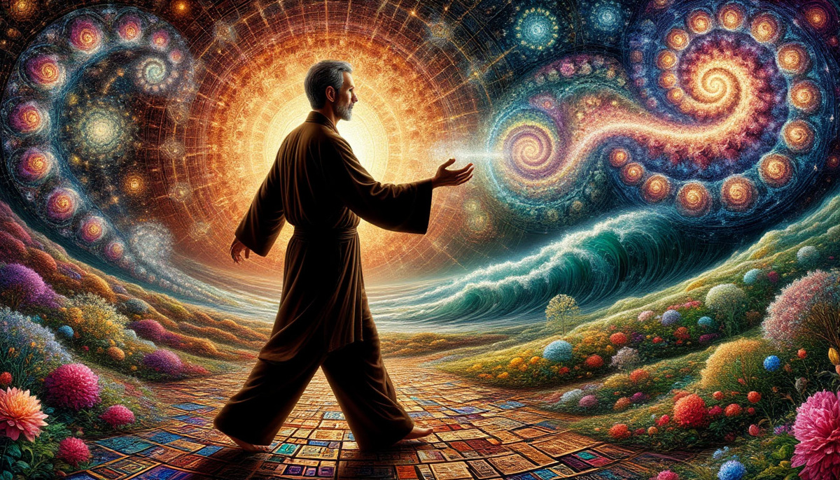 Величественный образ человека, чье простое присутствие заставляет реальность резонировать в унисон: с каждым его вздохом воздух расцветает фрактальными узорами, шаги рождают волны созвучия во времени, а поднятая ладонь собирает рассыпанные события жизни в совершенную мозаику, где прошлое и будущее танцуют вальс в точке вечного настоящего.