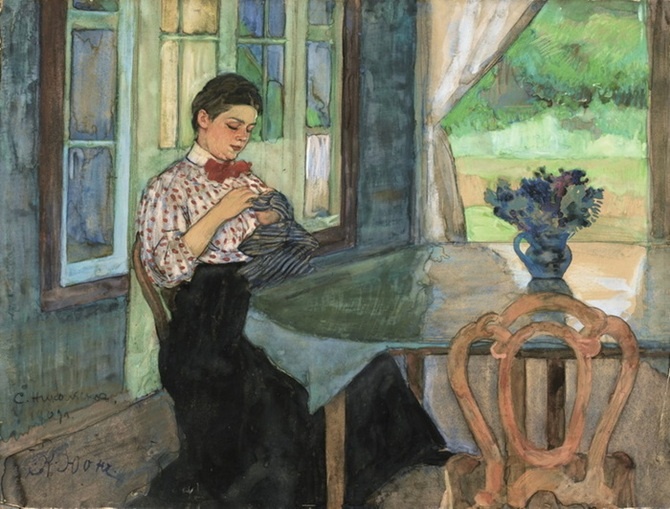 Константин Юон. Портрет жены художника. 1909. Бумага на картоне, гуашь, уголь, карандаш. 47,5 х 62,5. Частное собрание