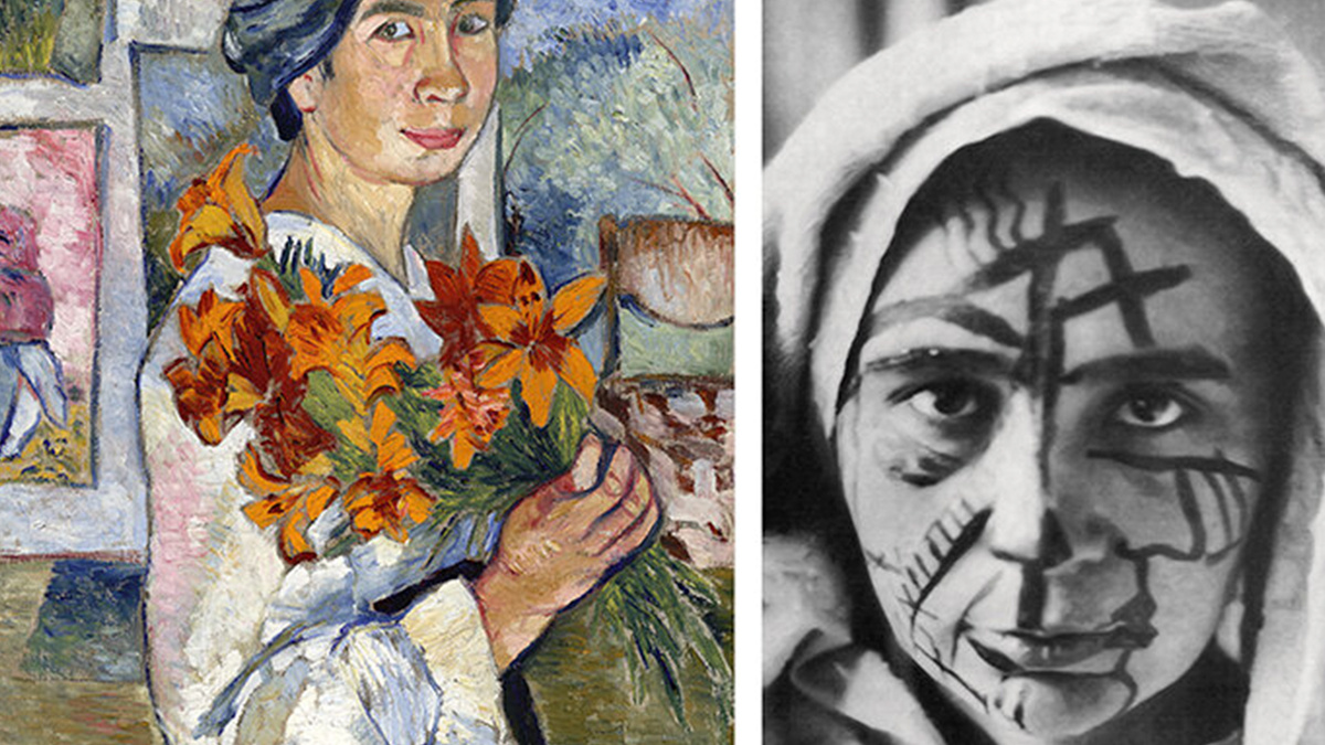 Наталья Гончарова - Автопортрет с желтыми лилиями, 1907 г. (слева), Наталья Гончарова с раскрашенным лицом (справа)