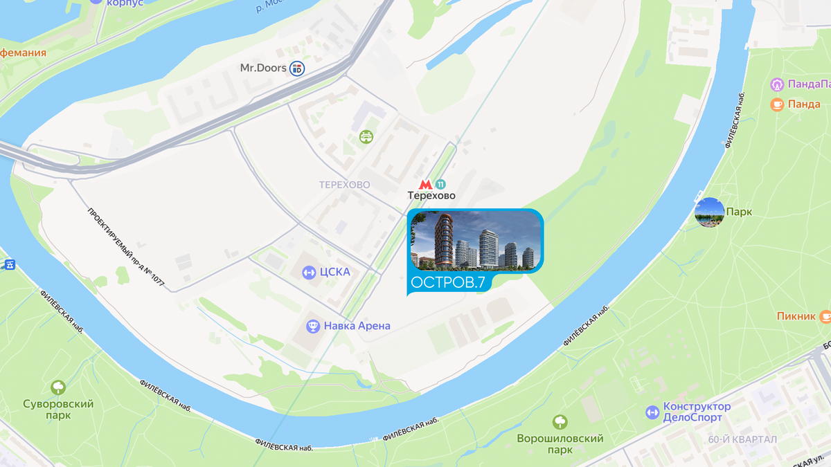 Место расположения седьмого квартала «Острова» на карте Москвы 
