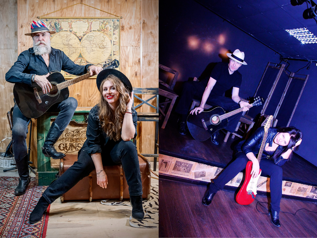 Михаил Болле и Лина Ойстрик. На фото слева в Кино-Фотостудии «Дикий Запад» 2025. На фото справа в театральной студии «ЧБ» 2010.