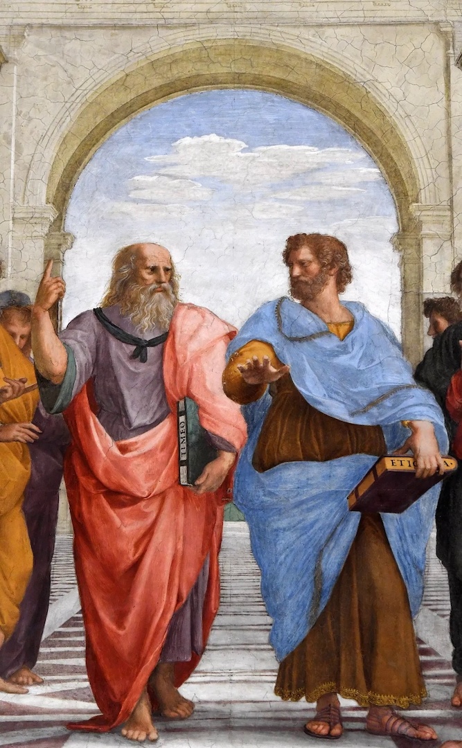 Платон и Аристотель. Фрагмент фрески «Афинская школа». 1509–1511