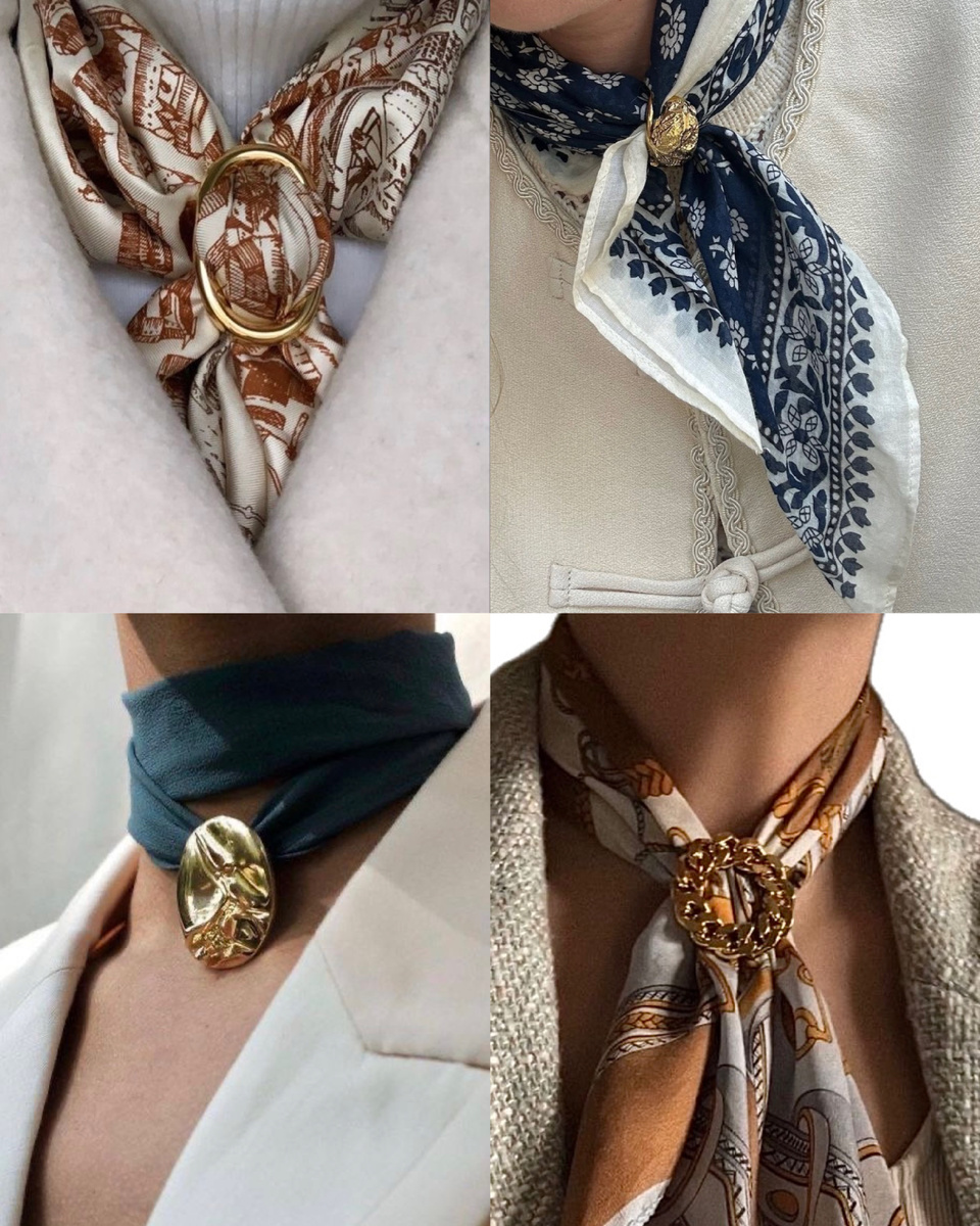 Крупная брошка на шейном платке однозначно добавит изюминку в ваш элегантный образ.