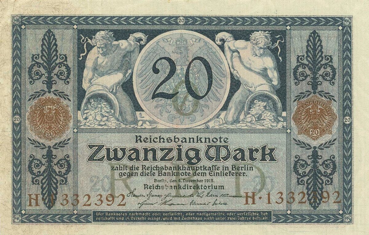 Аверс банкноты Рейхсбанка достоинством 20 марок от 4 ноября 1915 года, выполненный по проекту Артура Кампфа.