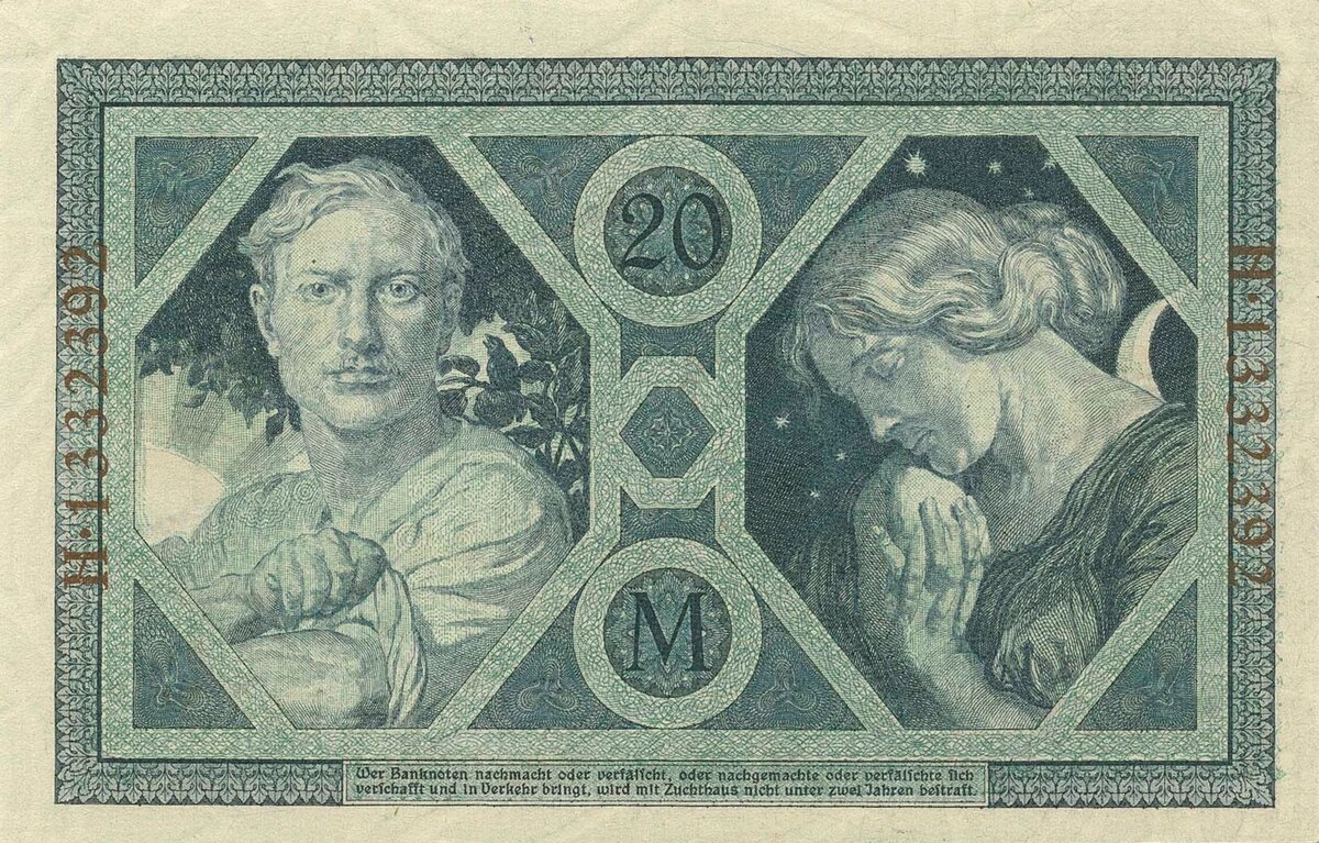 Реверс банкноты Рейхсбанка достоинством 20 марок от 4 ноября 1915 года, выполненный по проекту Артура Кампфа.