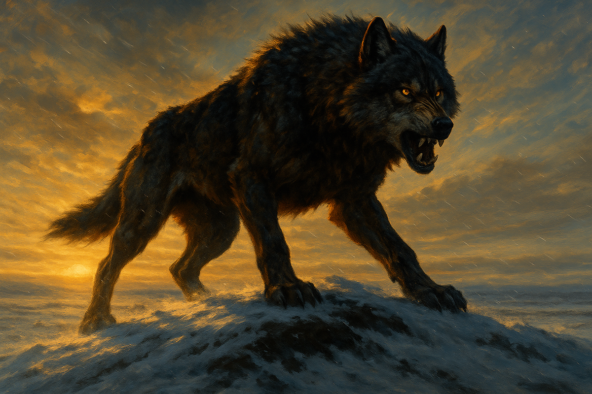 Среди древних хищников особое место занимал мегафаунный волк — могучий, массивный, приспособленный к жизни среди ледников и костей.