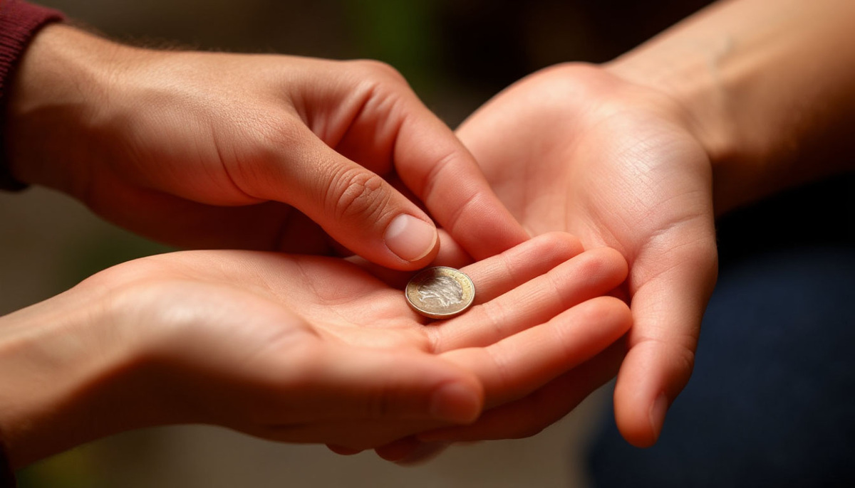 Крупный план рук двух разных людей. Один человек мягко вкладывает монету в ладонь другого человека. Акцент на текстуре кожи, свет падает именно на место касания рук, создавая теплую и интимную атмосферу. Фон размыт. Стиль — гиперреализм.