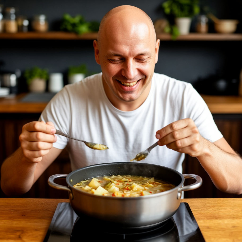 Вова ест щи с говядиной 