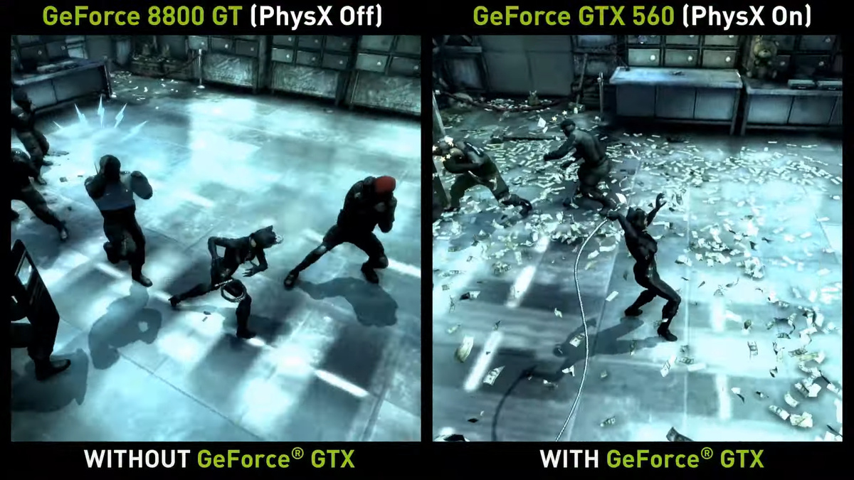 Слева без PhysX, справа с PhysX. Игра Batman: Arkham City. Изображение: NVIDIA