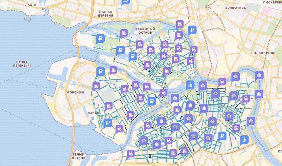 Платная уличная парковка охватывает весь центр Петербурга. Фото: скриншот https://parking.spb.ru