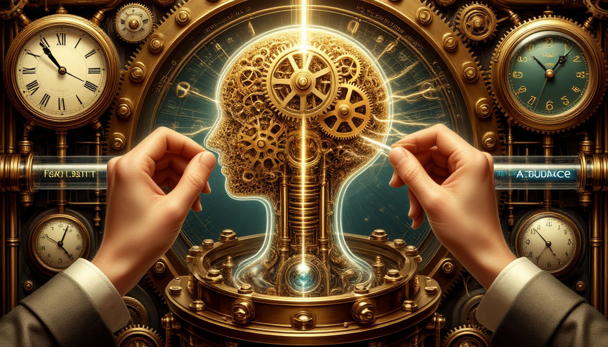 В центре композиции — человеческий разум, изображенный как сложный, но элегантный механизм: золотые шестеренки мыслей, прозрачные трубки с текущими по ним потоками светящейся энергии, циферблаты с отметками "Страх", "Доверие", "Изобилие". Руки человека настраивают этот механизм — поворачивают регулятор с "Нехватки" на "Изобилие", прочищают фильтр старых убеждений, заменяя его на кристально чистый.