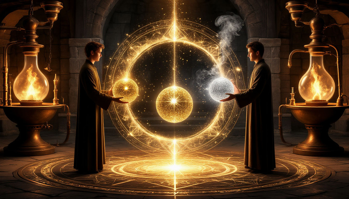 В центре композиции — два человека, стоящие напротив друг друга по краям магического круга. Они одновременно совершают жест: один протягивает сверкающий золотой шар (дар), а другой — принимает его, отдавая взамен сияющий серебряный шар. Эти действия создают идеальный, бесконечный поток энергии в форме символа бесконечности (∞) или круга Уробороса, где золото и серебро переплетаются, не смешиваясь.