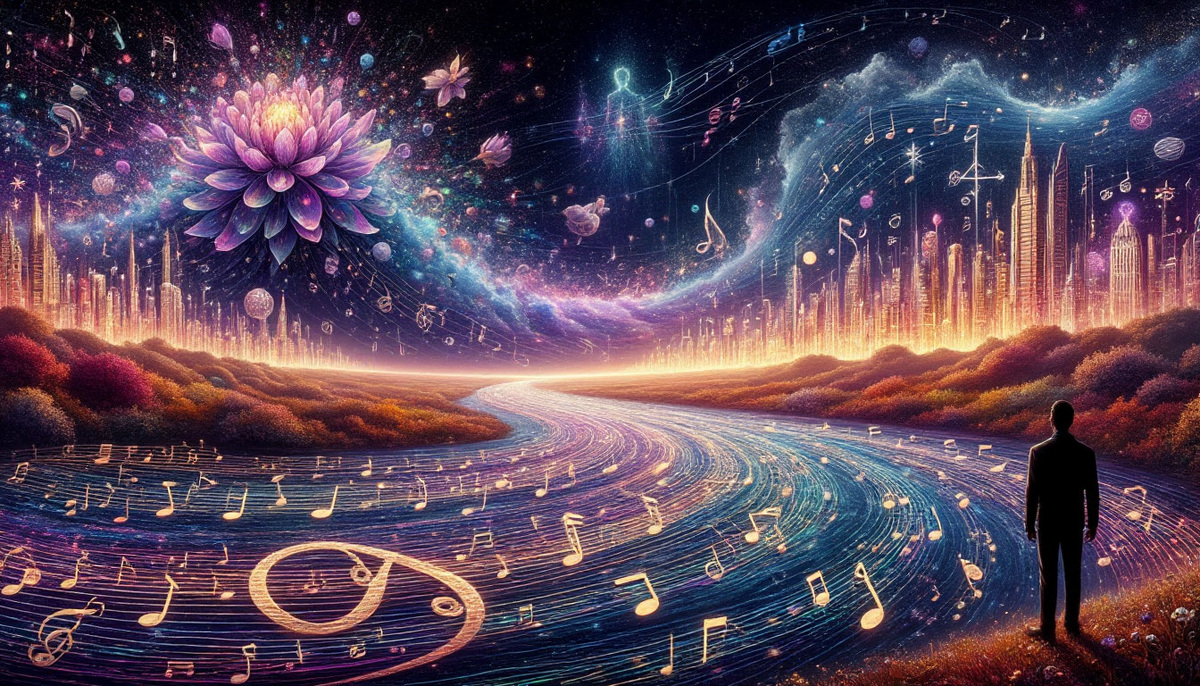 Бесконечная, переливающаяся река света, состоящая из миллиардов сияющих частиц-нот, течёт через вселенную. В её потоке, как в временно́й линии, проступают и растворяются образы-символы человеческой жизни: распускающийся цветок превращается в парящий город, который уплывает, как облако, уступая место танцующим фигурам, сливающимся с созвездиями.