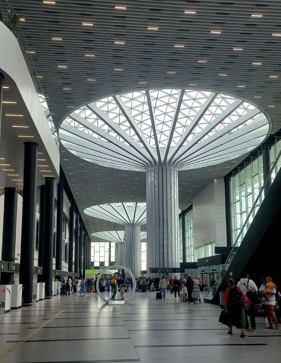 Изюминка внутреннего дизайна - это колонны,поддерживающие кровлю здания, похожие одновременно на турбины самолета и на гигантские деревья.