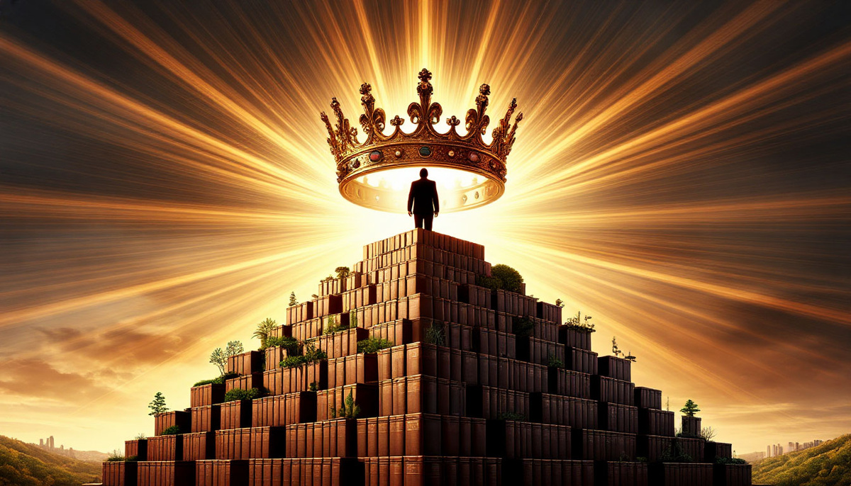 На вершине величественной пирамиды из сложенных друг с другом дел, парит сияющая корона. Эта корона сплетена не из металла, а из лучей теплого золотого света, исходящих из сердца человека, чей силуэт стоит чуть ниже. Каждый луч короны касается и освещает одно из "дел" в пирамиде, наполняя его смыслом и завершенностью.