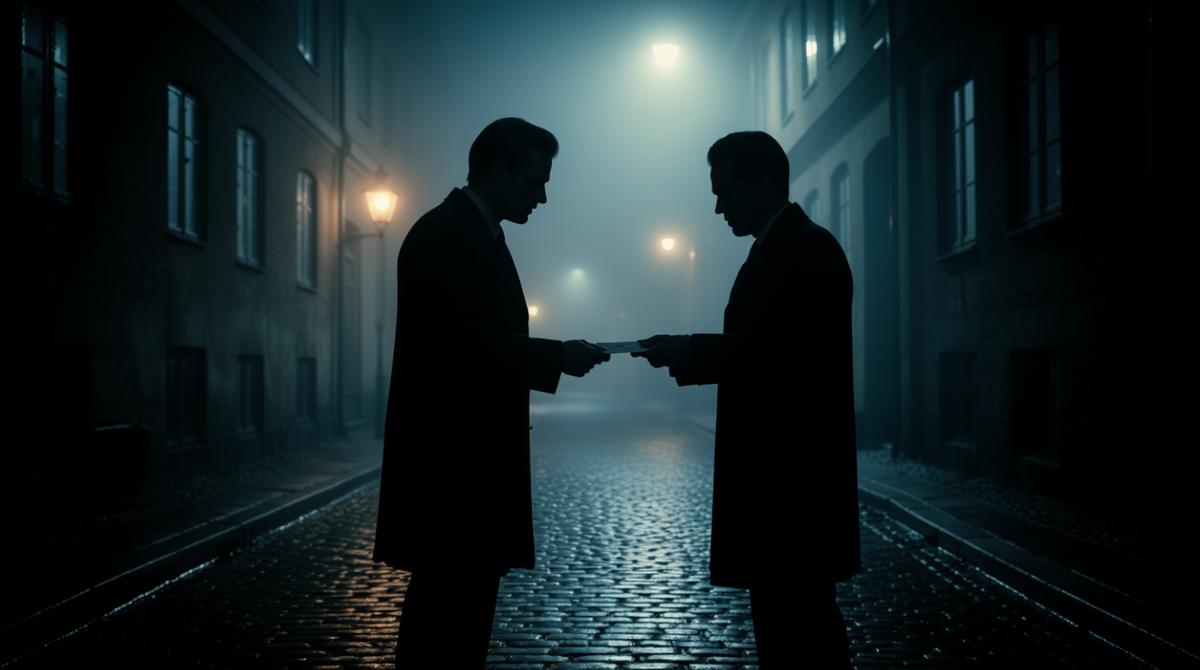 Тайная встреча агента в темном, туманном переулке Копенгагена 1970-х годов. Сгенерировано нейросетью