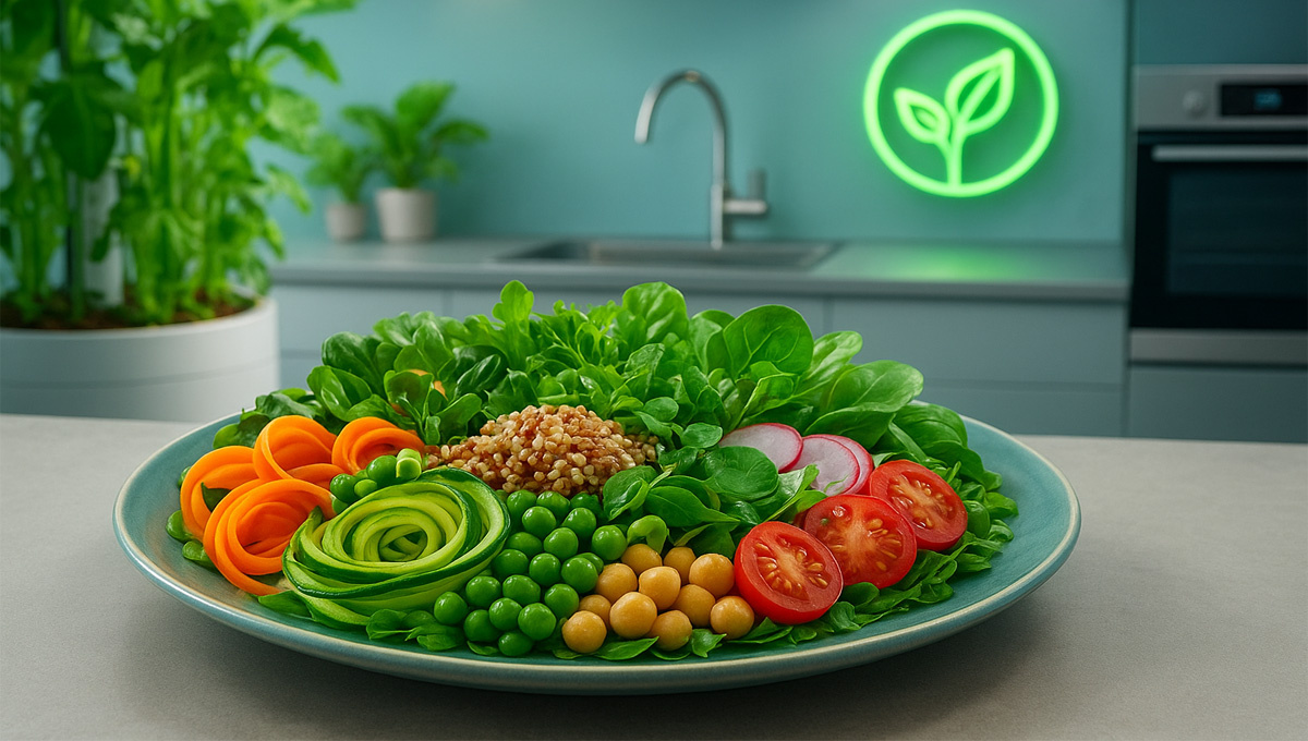 Яркое растительное блюдо в стиле высокой кухни с овощами и зеленью.