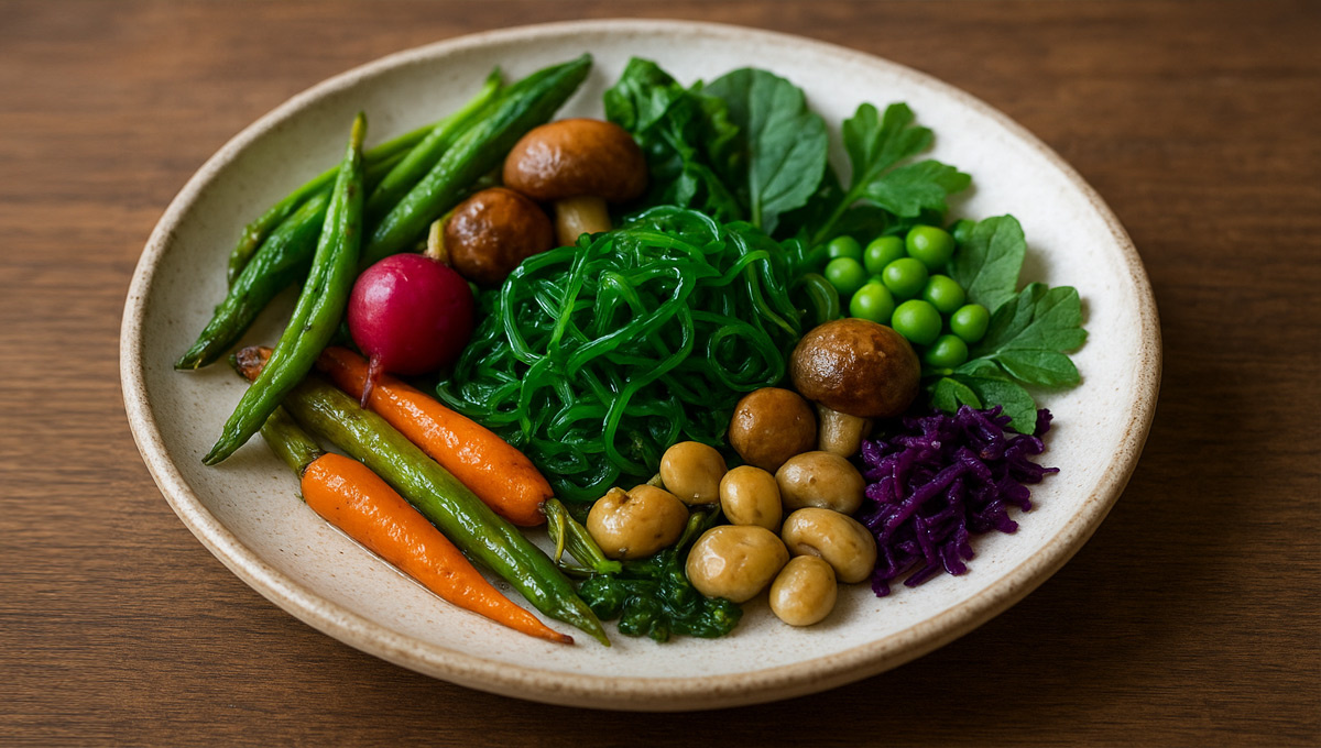 Изысканное растительное блюдо с локальными овощами, водорослями и грибами.