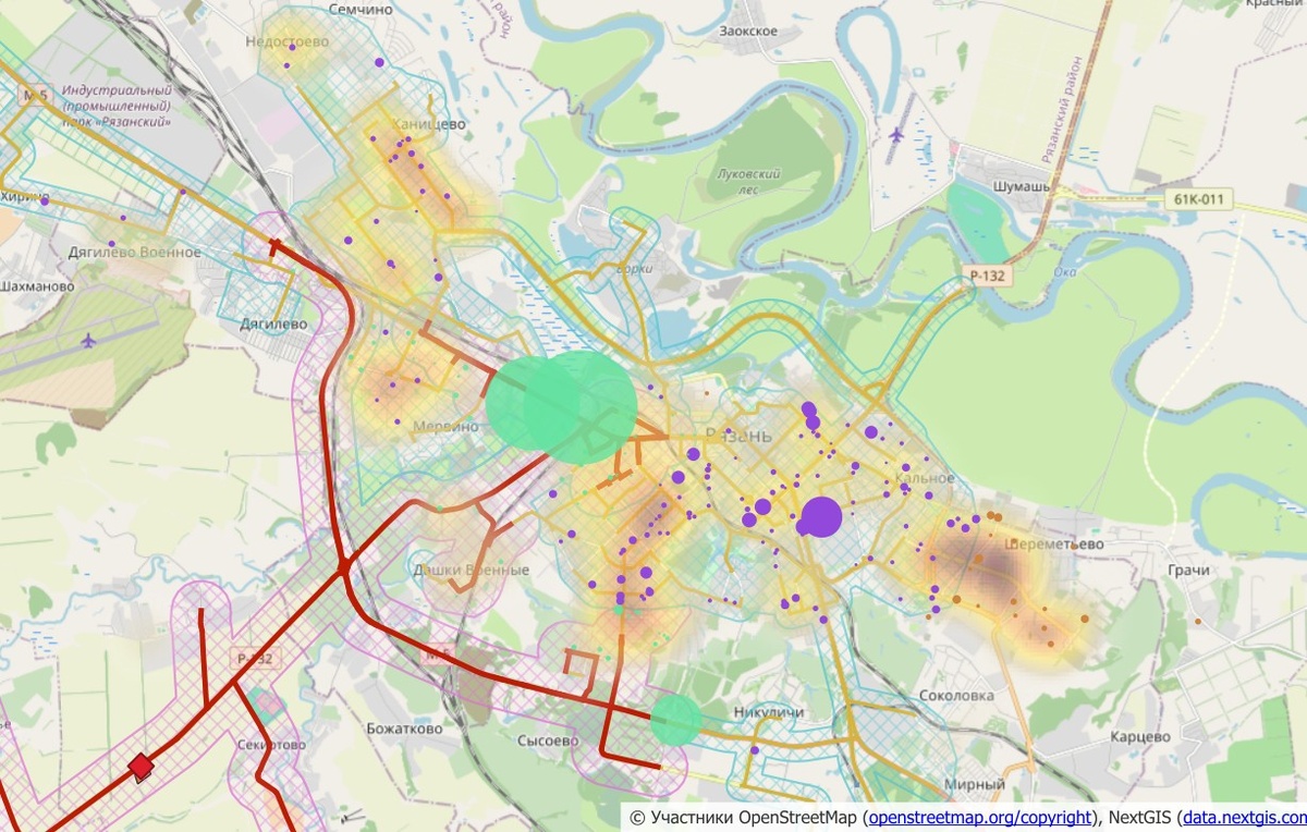 Зеленым показана центральная точка опимального расположения склада для якорей в торговых центрах