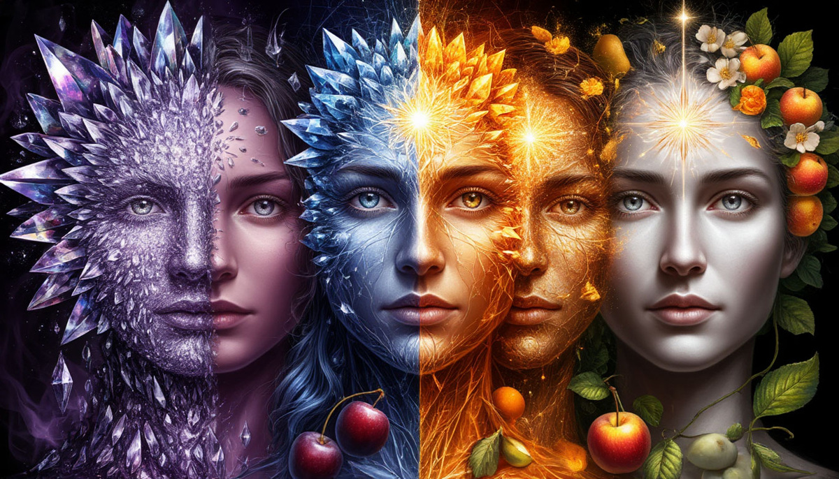 Три сияющих лика благодарности в стиле магического реализма. Первый кристаллизует хаос в порядок, второй золотыми нитями прошивает реальность, третий превращает свет в плоды — и серая реальность расцветает.