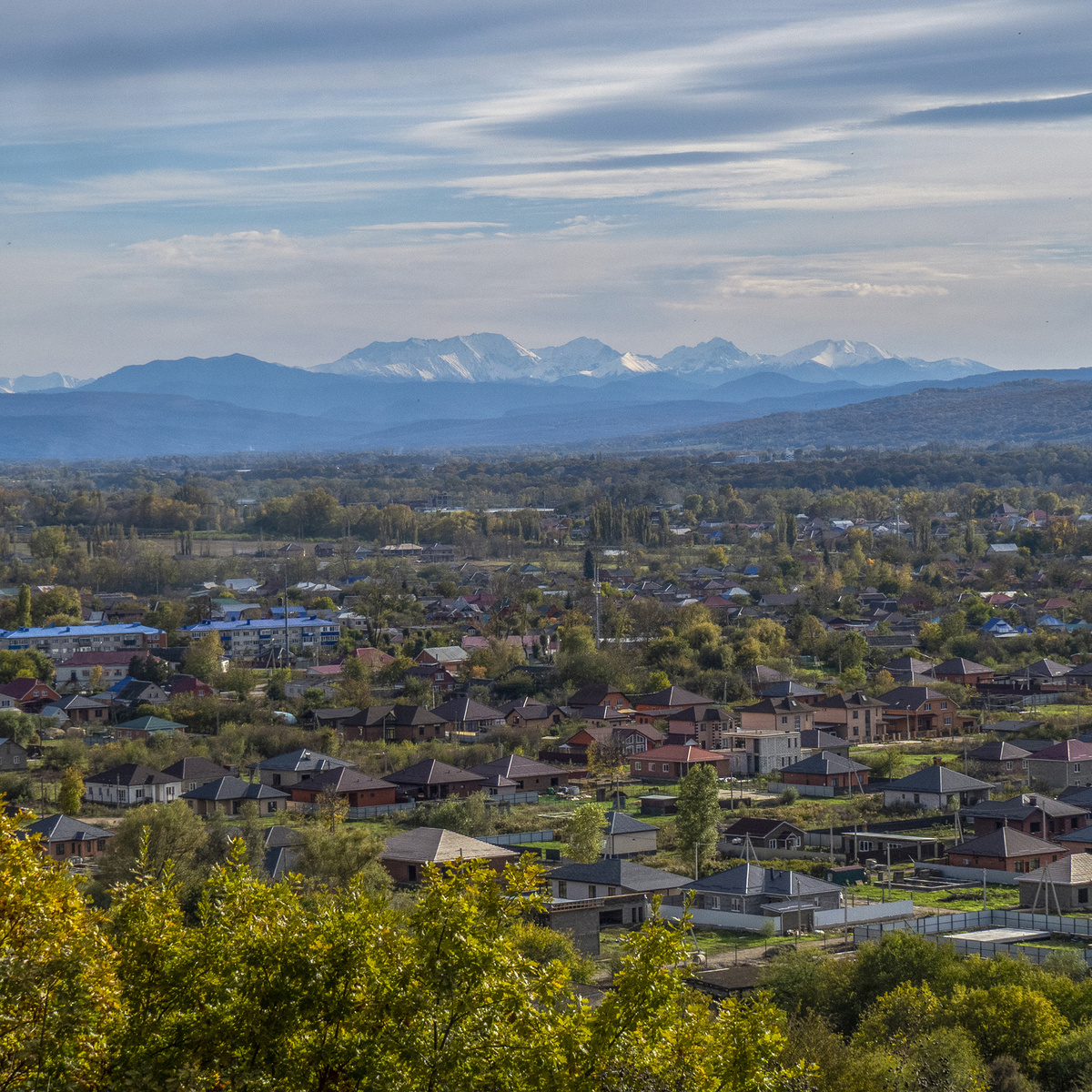 Долина реки Белой, сама река не видна, она течет между высокими обрывистыми берегами и скрыта за деревьями. 