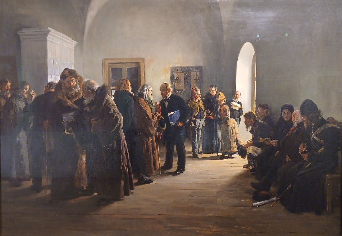 Духовная консистория — орган Российской империи, который, помимо прочего, рассматривал дела о расторжении браков. Картина «Передняя консистории» В.Е. Маковского, 1887-1888