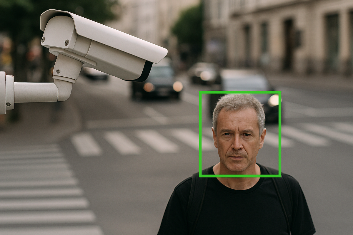 «Камера видеонаблюдения фокусируется на лице прохожего, лицо выделено прямоугольником, фон — городской перекрёсток. Символ идеи штрафов “по лицу”. Атмосфера — контроль, технологии, внимание государства.»
