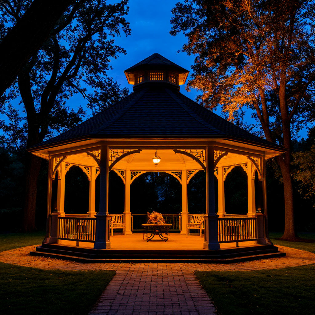 Вечерняя магия. Общий план беседки в сумерках, когда включается заливающая подсветка фасада и деревьев вокруг. «Вау»-эффект в действии. ✨