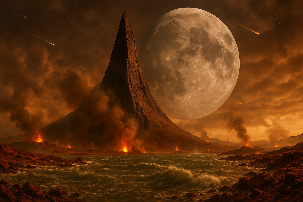 Примерно таким мог быть Карандаш в юности. Луна в то время была гораздо ближе к Земле поэтому и занимала значительную часть неба